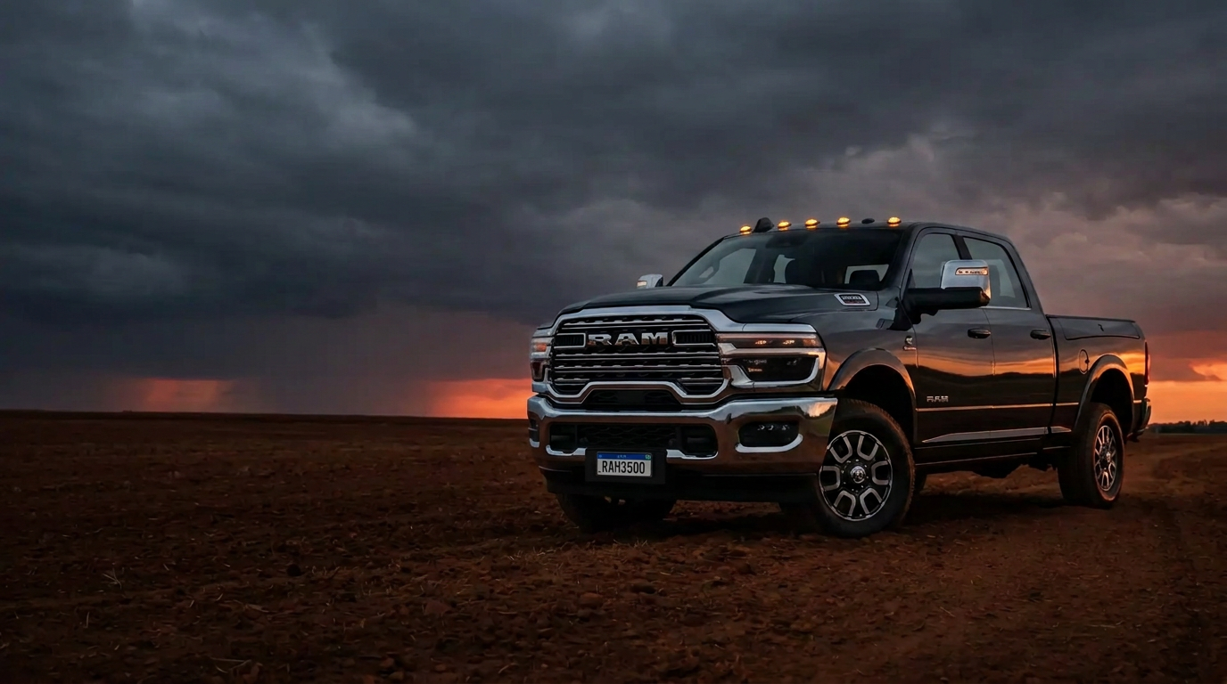 RAM 3500 Laramie preta em campo de terra vermelha ao entardecer